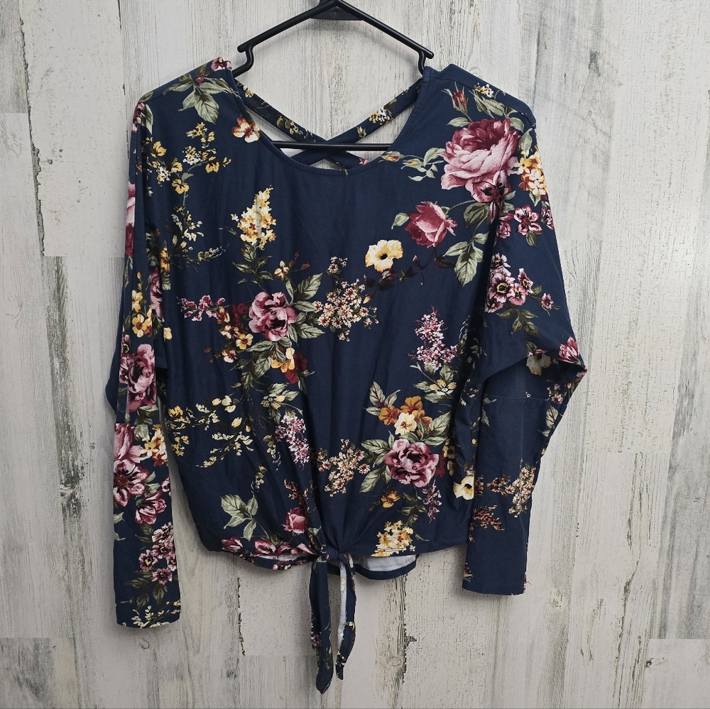 Iz Byer Floral Navy Front Tie Long Sleeve Women's Top Size XS